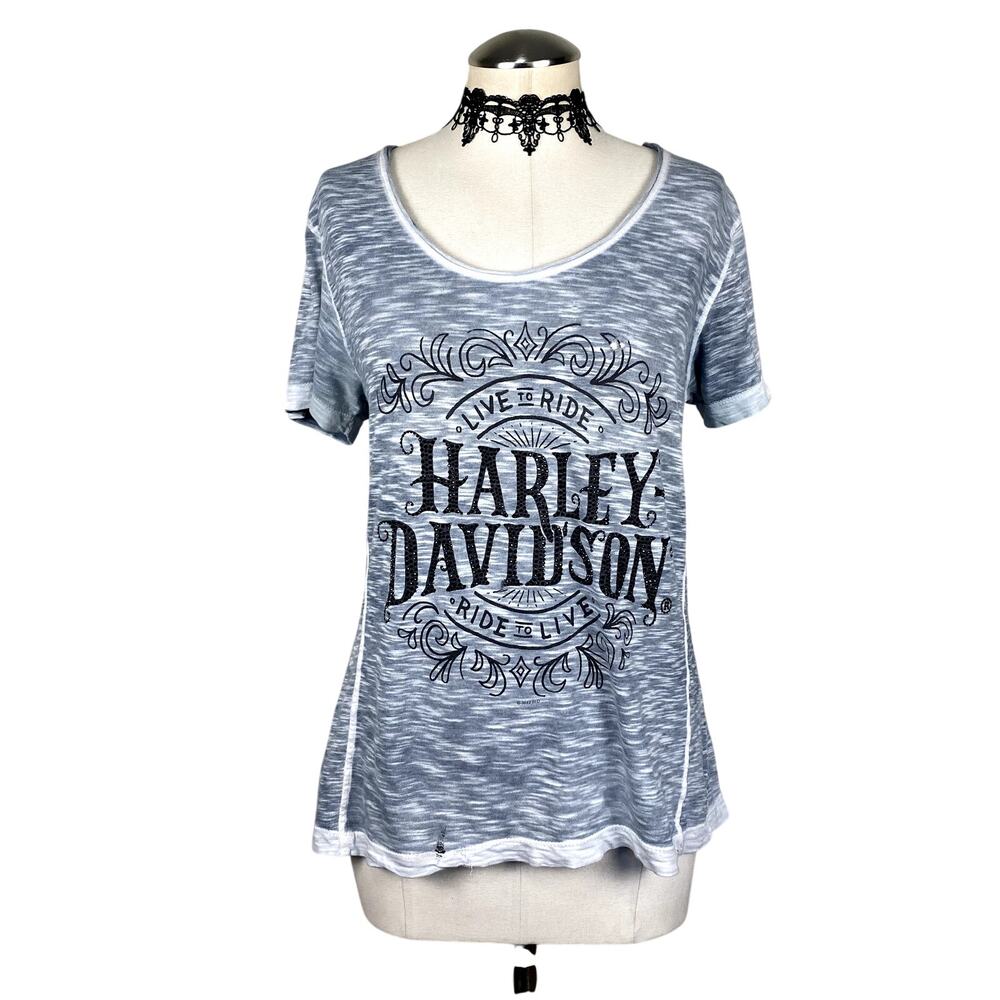 2017 Harley Davidson Distressed Rhinestone Grunge Biker Gothic Alt Tee Sz M